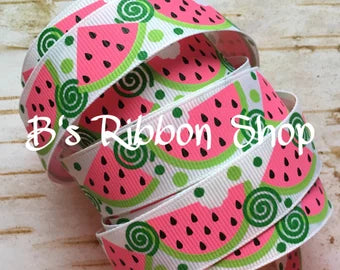 7/8" Watermelon Slices Fruit on white USDR grosgrain ribbon