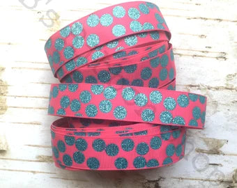 7/8" Turquoise Glitter Silly Dots on Shocking Pink USDR grosgrain ribbon