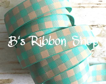 7/8" Tan and Tropic Buffalo Plaid USDR grosgrain ribbon