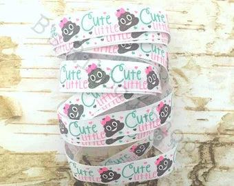 7/8" Cute Little Turd Poop glitter on white USDR grosgrain ribbon