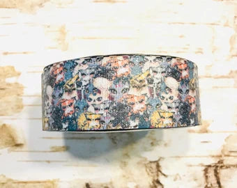 1.5" Cat Craze with silver glitter overlay USDR grosgrain ribbon 3 yards