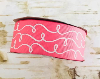 1.5" White Glitter Doodles on Coral Rose USDR grosgrain ribbon