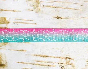 7/8" White Glitter Doodles Hot Pink Aqua Ombre USDR grosgrain ribbon