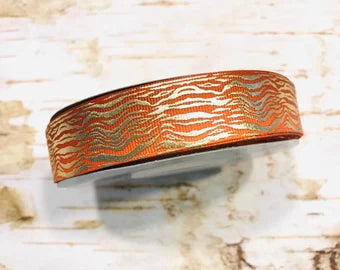7/8" Gold Foil Tiger Stripes on Orange Ombre USDR grosgrain ribbon