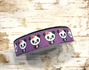 7/8" Girl panda with iridescent glitter on grape USDR grosgrain ribbon