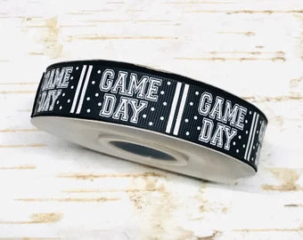 7/8” Game Day with iridescent glitter on Black USDR grosgrain ribbon