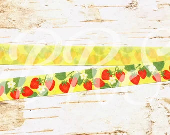 7/8" Strawberry on yellow strawberries Watercolor USDR grosgrain ribbon