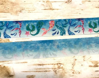 1.5" Watercolor Mermaid tails double sided USDR grosgrain ribbon