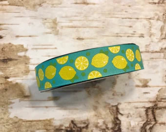 7/8" Yellow Glitter Lemons Lemonade Citrus Fruit on Tropic USDR grosgrain ribbon