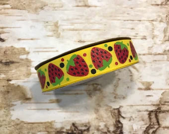 7/8" glitter Strawberries on lemon USDR grosgrain ribbon food fruit summer picnic