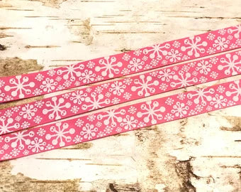 7/8" White glitter snowflakes on hot pink USDR grosgrain ribbon