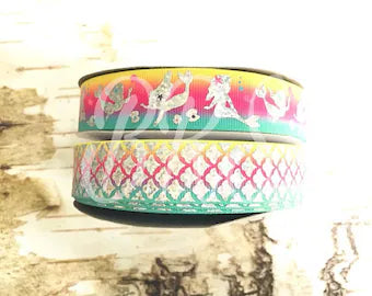 7/8" Silver Foil Mermaids and Scales on USDR grosgrain ribbon
