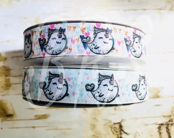 7/8" Narwhal watercolor hearts USDR grosgrain ribbon unicorns rainbows