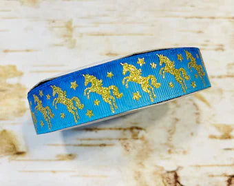 7/8" Gold Glitter unicorns on watercolor blue ombré USDR grosgrain ribbon