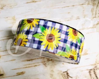 1.5" Sunflowers on blue gingham plaid grosgrain ribbon US Designer