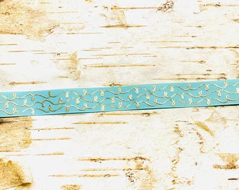 7/8" Gold Foil Doodles on Aqua US Designer grosgrain ribbon