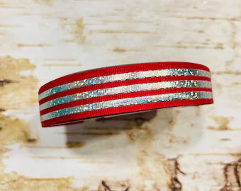 7/8" Silver Holographic Foil Stripes on Red USDR grosgrain ribbon
