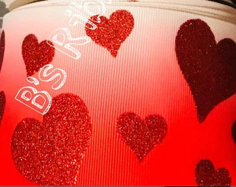 3" Red Glitter Hearts on white and red ombre print background cheer bow ribbon grosgrain usdr
