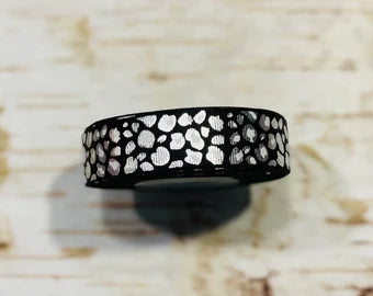 7/8" Silver Foil and white leopard on black USDR grosgrain ribbon