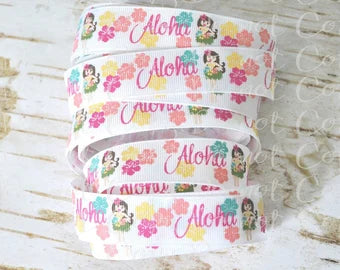 7/8" Aloha and coordinates on white USDR PDRS grosgrain ribbon