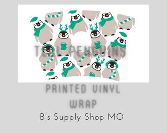 Teal Penguins | 24 oz Starbucks tumbler | Plastic cup tumbler with hole Decal | Printed Adhesive Vinyl Full Wrap