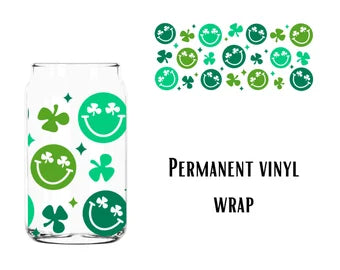 Clover Smile Face | 16 oz Libbey Glass | Beer Can Glass Decal | Printed Adhesive Vinyl Full Wrap