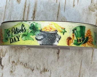 7/8” St Patricks Day with gold and glitter overlay usdr grosgrain ribbon