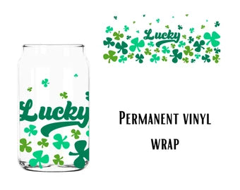 Lucky Clovers confetti | 16 oz Libbey Glass | Beer Can Glass Decal | Printed Adhesive Vinyl Full Wrap