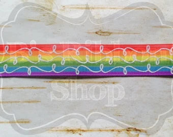 7/8" Rainbow Ombre with White Glitter Doodles US Designer grosgrain ribbon