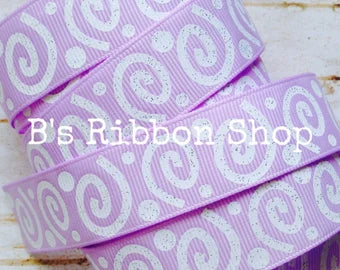 7/8" Lavender with White Glitter Wonky Swirls US Designer grosgrain ribbon