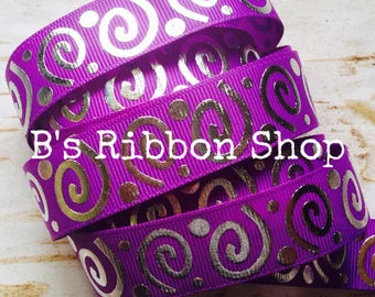 7/8" Purple with Silver Foil Wonky Swirls US Designer grosgrain ribbon