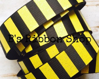 7/8" Black with Daffodil Glitter Stripes US Designer 3 yard grosgrain ribbon