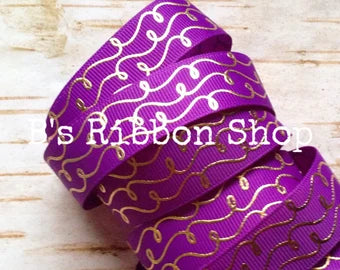 7/8" Purple with Gold Foil Doodles US Designer grosgrain ribbon