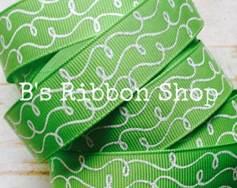 7/8" Apple Green with White Glitter Doodles US Designer grosgrain ribbon