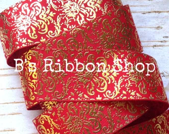 1.5" Gold Foil Damask on Red USDR grosgrain ribbon