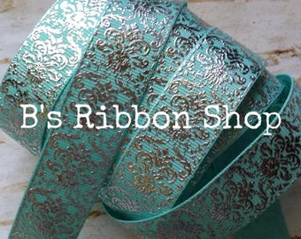 7/8" Silver Foil Damask on Aqua USDR grosgrain ribbon