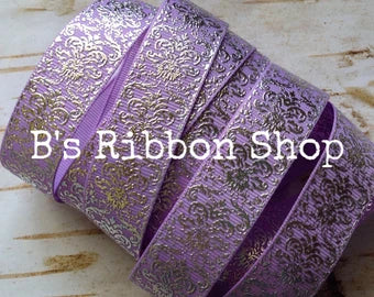 7/8" Silver Foil Damask on Lavender USDR grosgrain ribbon