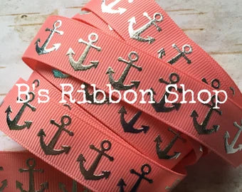 7/8" Silver Foil Anchor on Coral USDR grosgrain ribbon